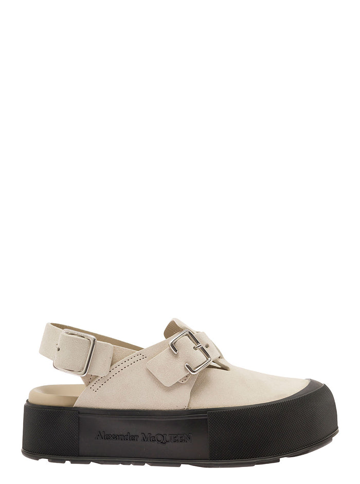 Mount Slick Beige Close-Toe Sandals With Platform And Logo Engraved Leather Man Calf Flat Shoes