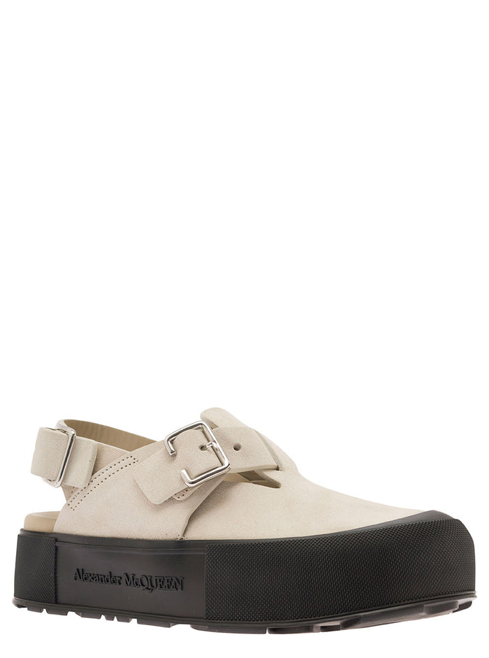 Mount Slick Beige Close-Toe Sandals With Platform And Logo Engraved Leather Man Calf Flat Shoes