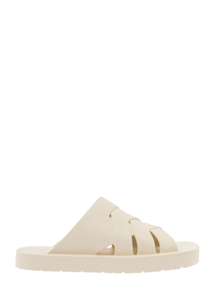 White Slip-On Sandals With Intrecciato Motif Rubber Man Flat Shoes