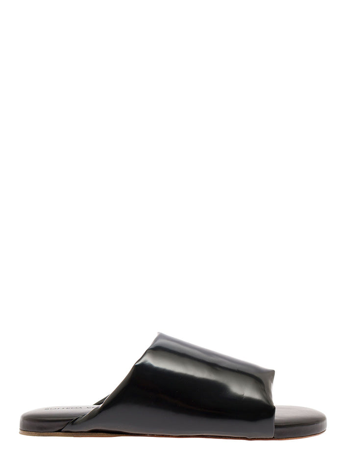 Black Cushion Puffy Mules Lambskin Lamb Flat Shoes