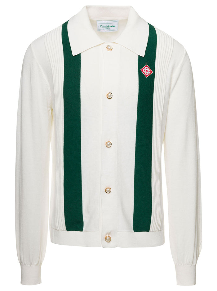 White Cardigan With Green Stripes And Logo Patch Cotton Man Jersey