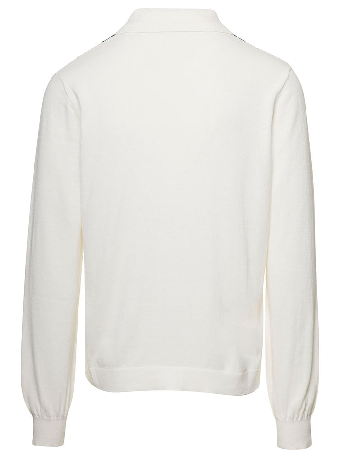 White Cardigan With Green Stripes And Logo Patch Cotton Man Jersey