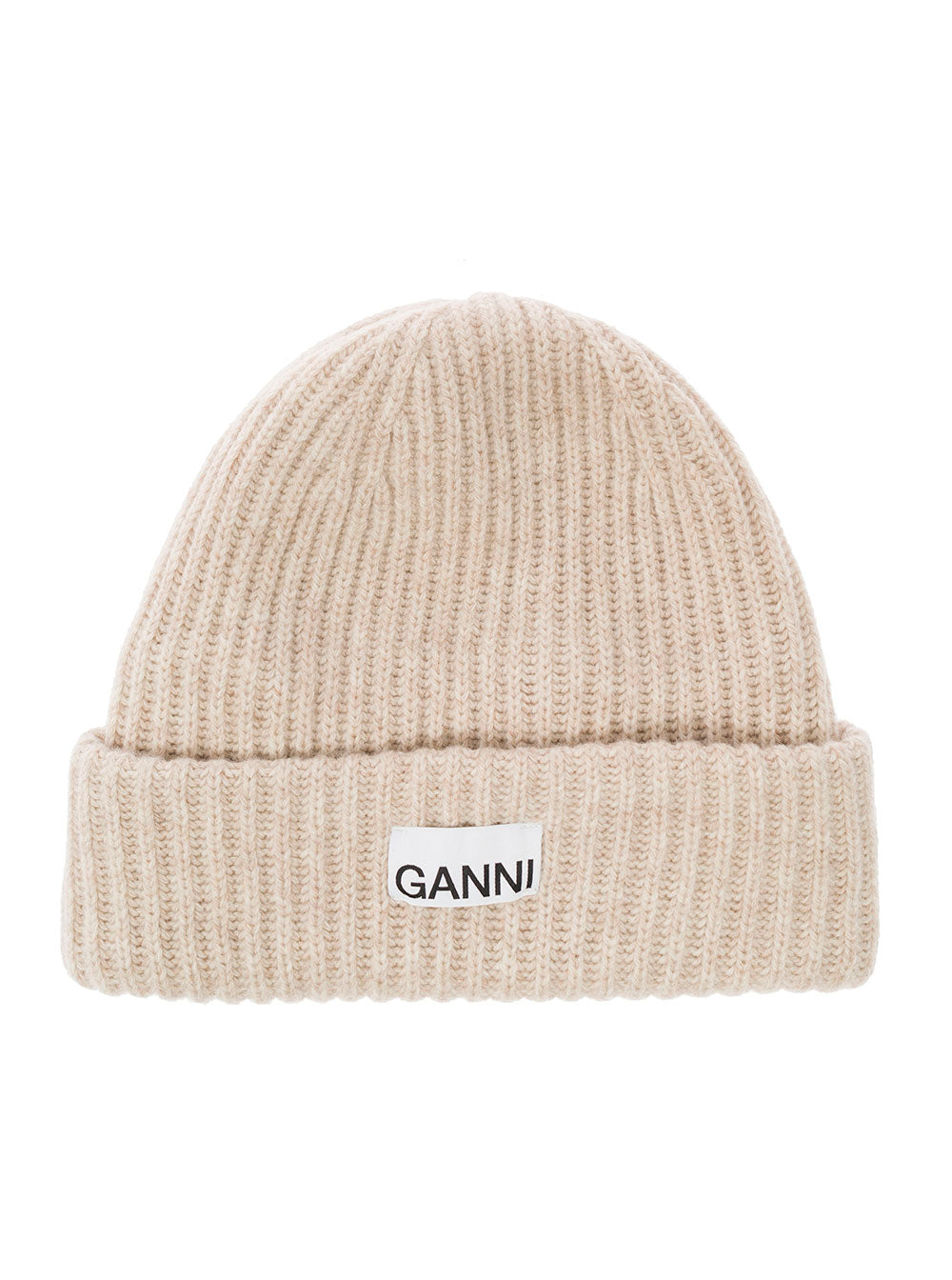 Beige Fisherman Rib Beanie With Logo Patch Wool Blend Woman Hats And Gloves
