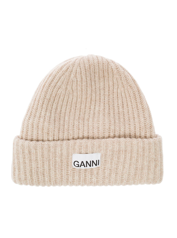 Beige Fisherman Rib Beanie With Logo Patch Wool Blend Woman Hats And Gloves