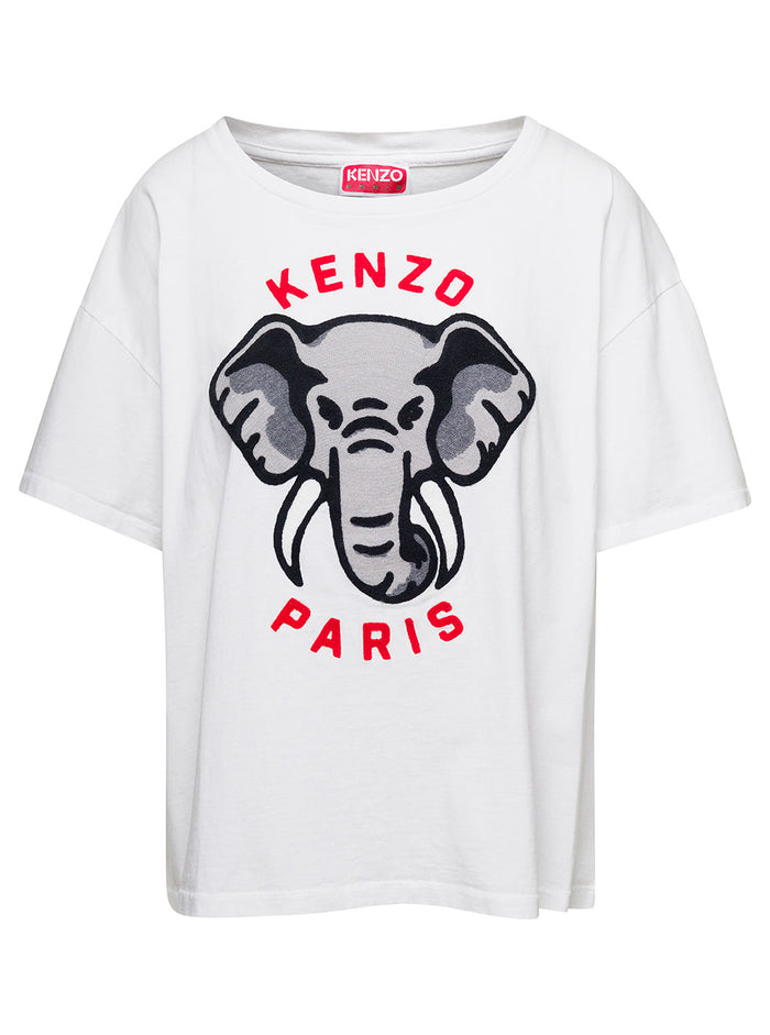 White Oversize T-Shirt With Elephant And Logo On The Chest Cotton Woman Tshirts Polo Shirts