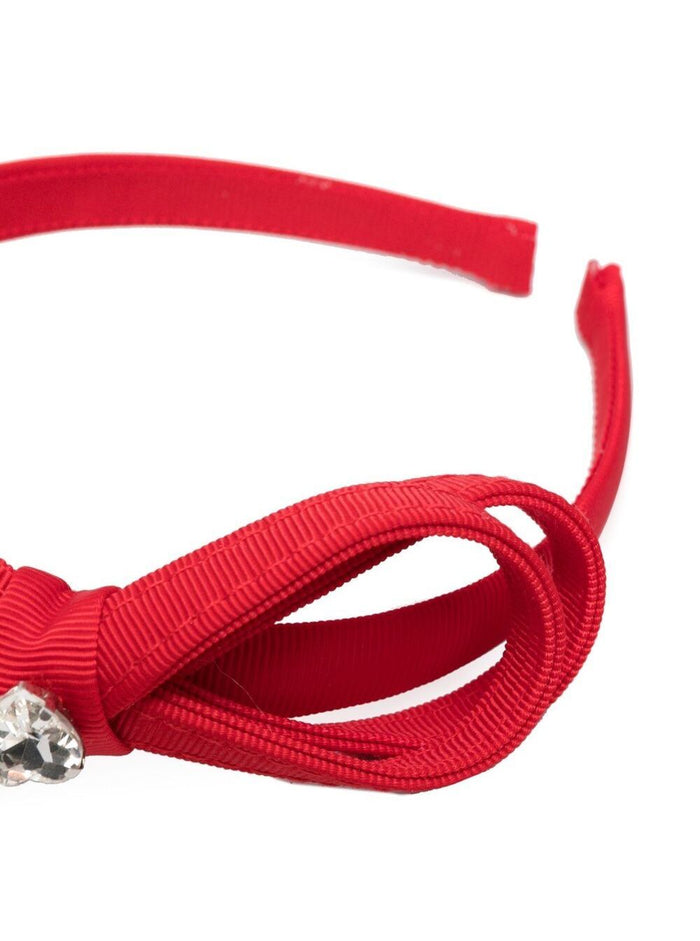 Red Headband With Double Bow And Heart-Shaped Rhinestone Stretch Fabric Girl Polyester Elastan Hair Accessories