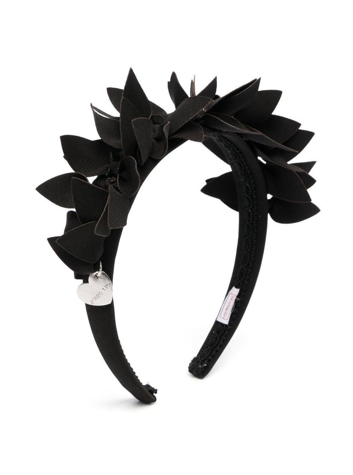 Black Headbag With Frufru Details And Logo Charm Stretch Fabric Girl Polyester Elastan Hair Accessories