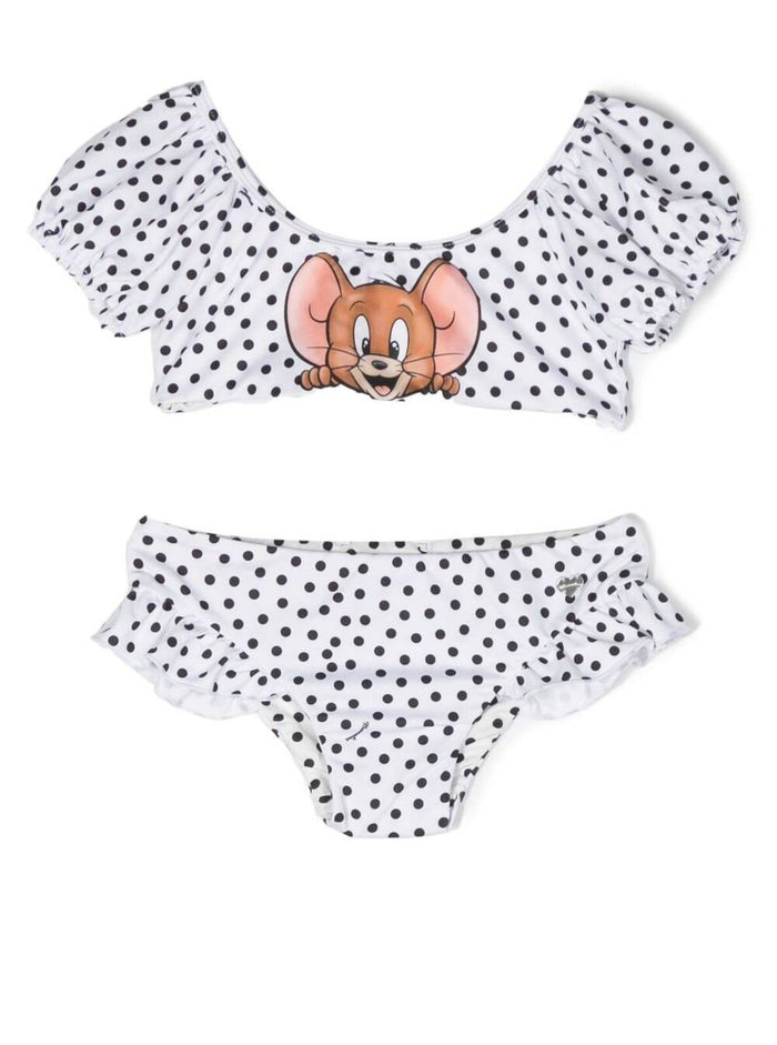 White Polka-Dots Two-Piece Swimsuit With Mice Print Stretch Fabric Girl Polyester Elastan Beachwear