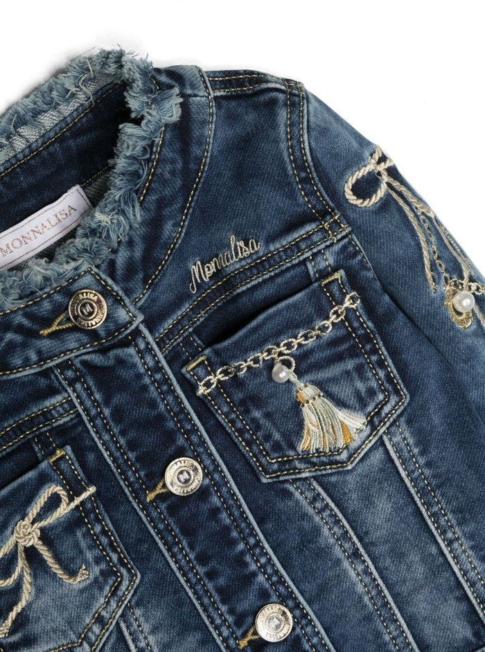 Blue Jacket With Embroideries And Tassels Stretch Cotton Denin Girl Blu Elastan Blazers