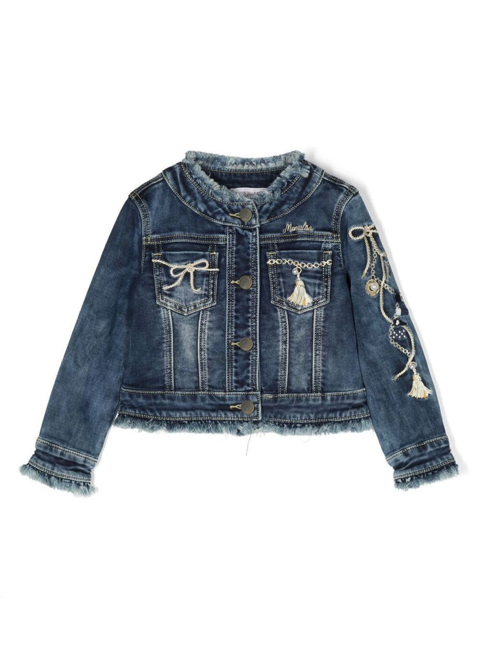 Blue Jacket With Embroideries And Tassels Stretch Cotton Denin Girl Blu Elastan Blazers