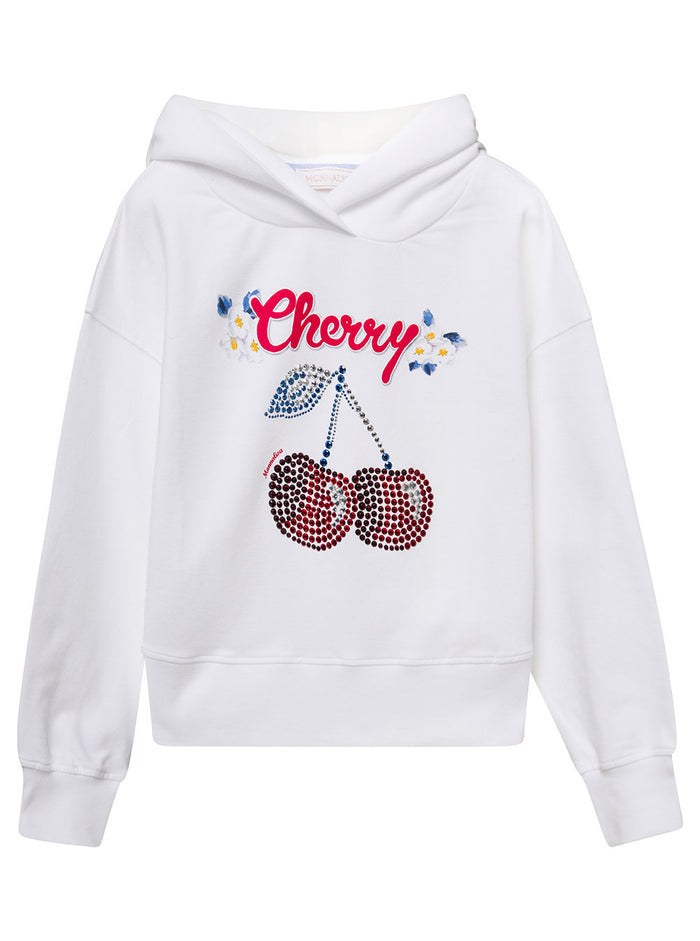 White Hoodie With Rhinestone Embellishment Stretch Cotton Girl Elastan Sweatshirts