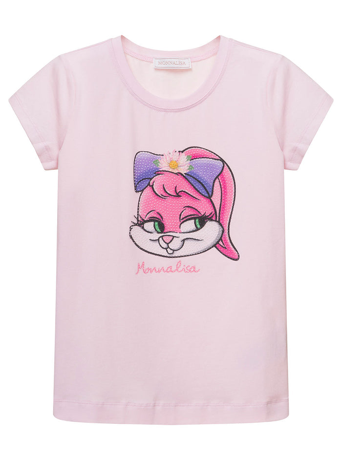 Pink Crewneck T-Shirt With Maxi Bunny Print Tonal Studs Stretch Cotton Girl Elastan Tshirts And Polo Shirts