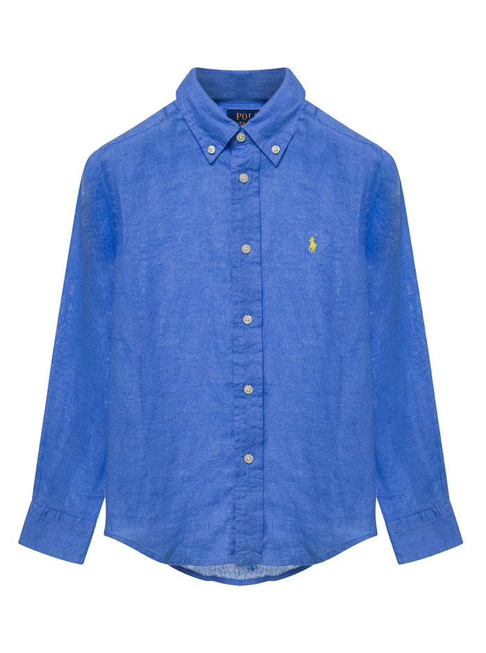Blue Shirt With Logo Embroidery Linen Man Blu And Blouses