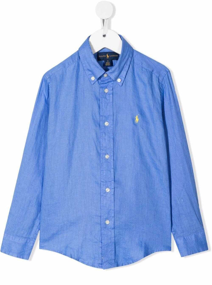 Light Blue Shirt With Button Down Collar And Logo Embroidery Linen Boy Blu Blouses
