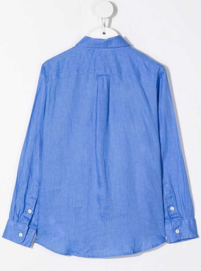 Light Blue Shirt With Button Down Collar And Logo Embroidery Linen Boy Blu Blouses