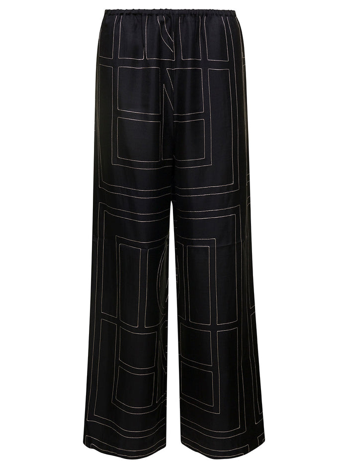 Black Loose Pants With Monogram Print Silk Woman Trousers