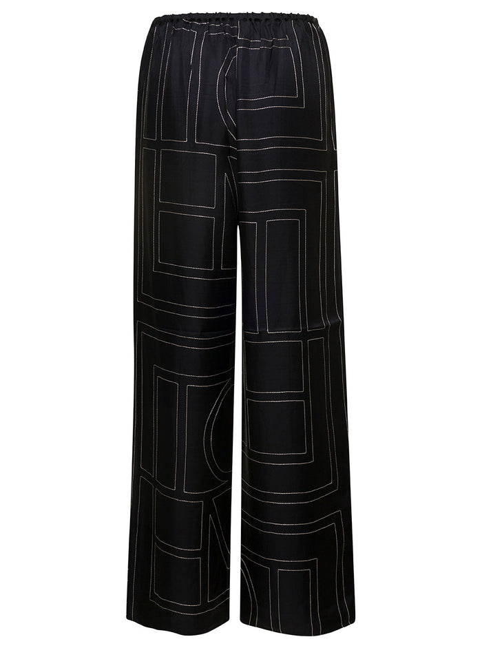 Black Loose Pants With Monogram Print Silk Woman Trousers