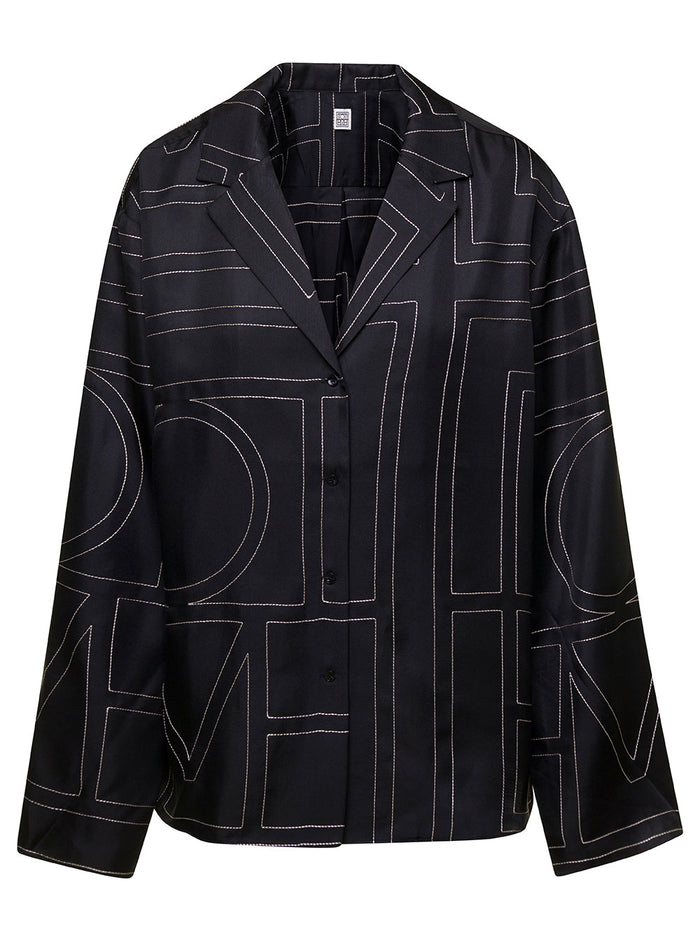 Black Shirt With All-Over Monogram Print Silk Woman And Blouses