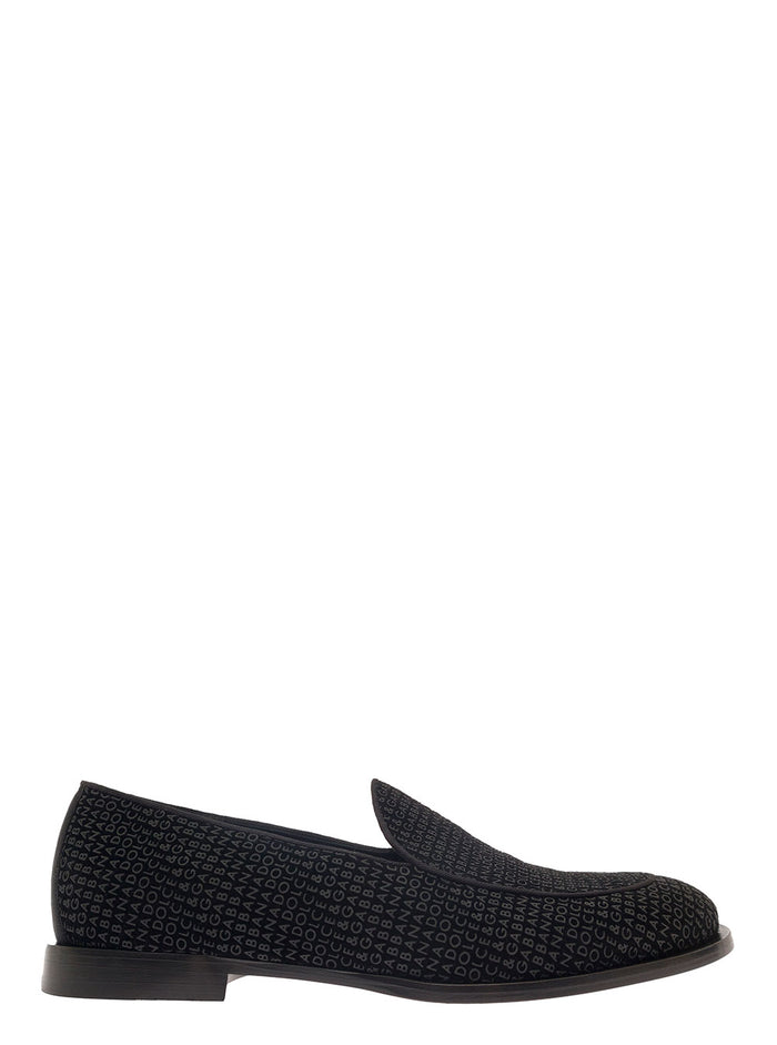Vivaldi Black Loafers With All-Over Logo Lettering Velvet Man