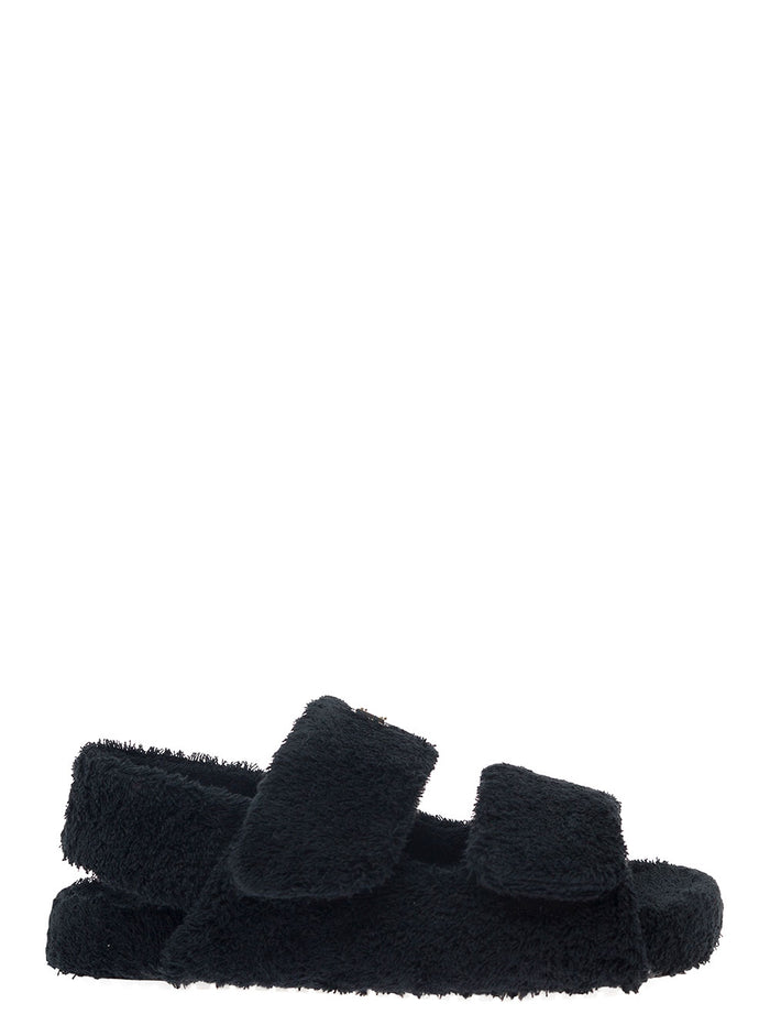 Black Sandals With Logo Plaque And Hook-And-Loop Fastening Terrycloth Man Cotton Flat Shoes