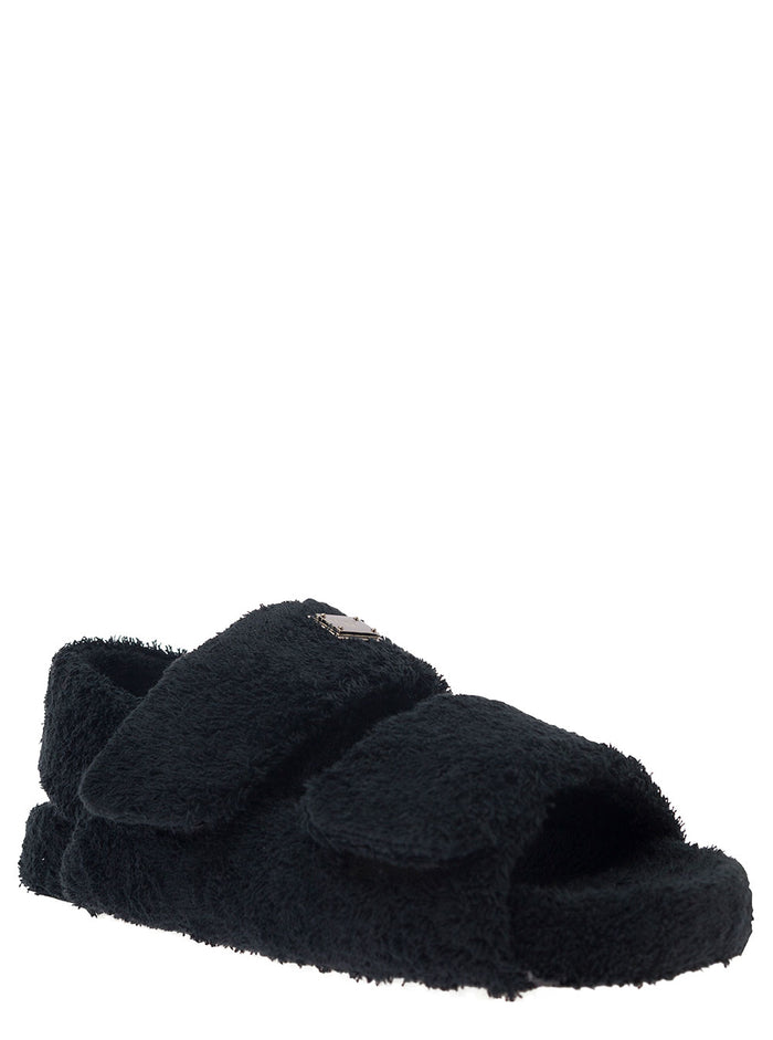 Black Sandals With Logo Plaque And Hook-And-Loop Fastening Terrycloth Man Cotton Flat Shoes