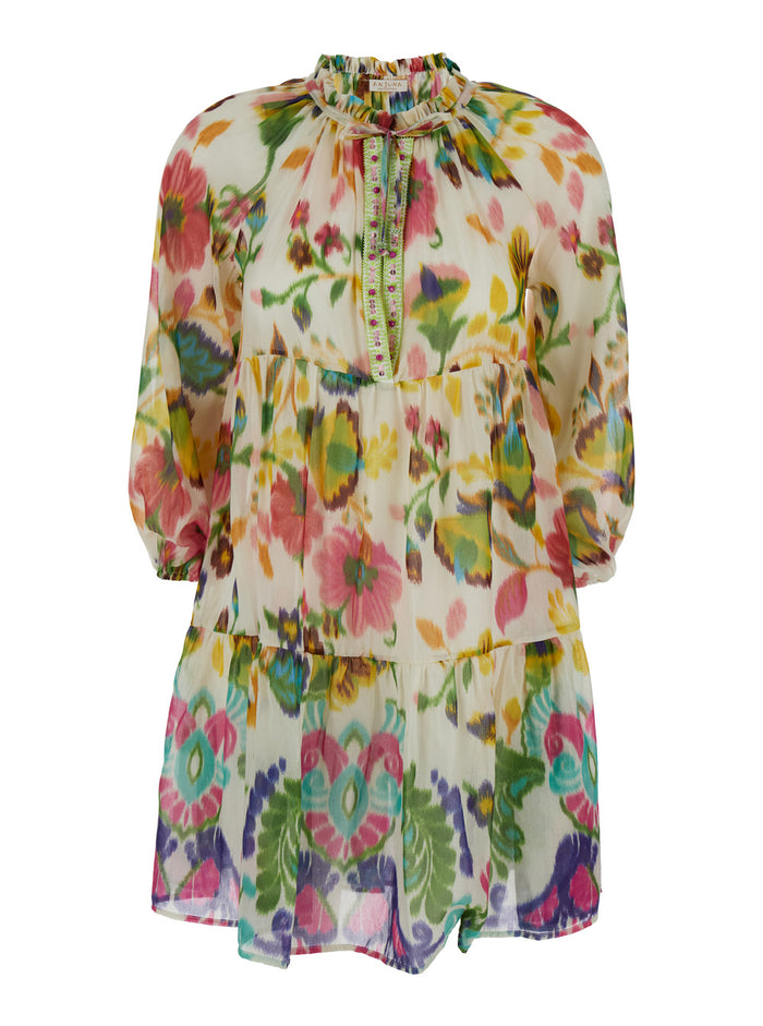 Mini Multicolor Dress With Floreal Print Cotton And Silk Woman