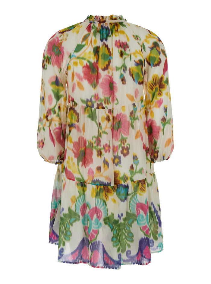 Mini Multicolor Dress With Floreal Print Cotton And Silk Woman