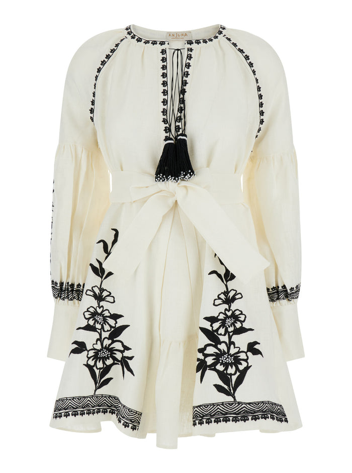White Mini Dress With Floreal Embroidery And Tassels Linen Woman