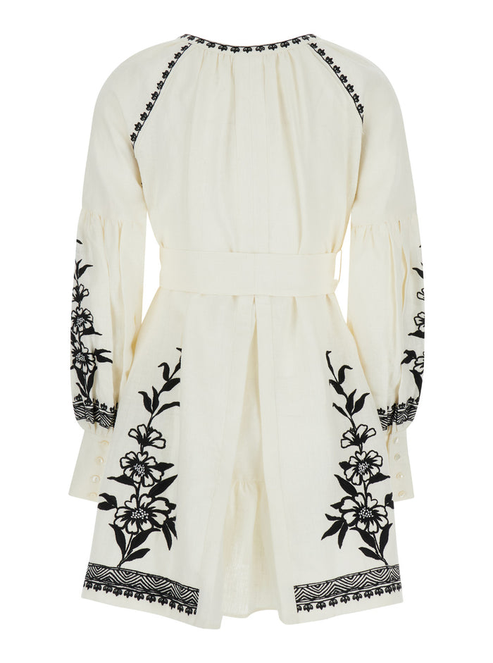 White Mini Dress With Floreal Embroidery And Tassels Linen Woman