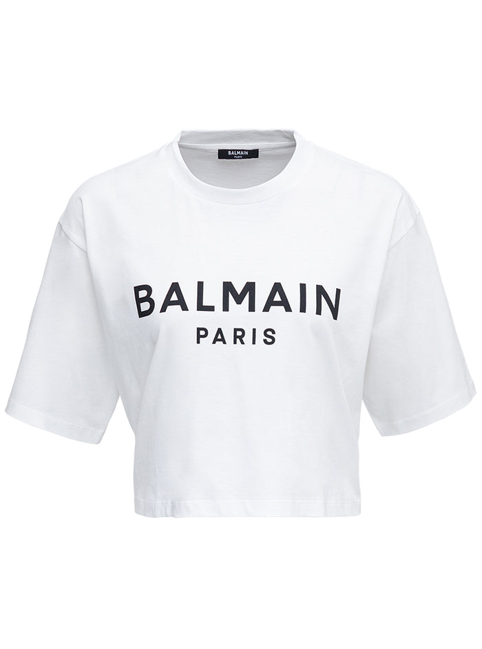 White Cropped T-Shirt With Contrasting Logo Print Cotton Woman Organic Tshirts And Polo Shirts