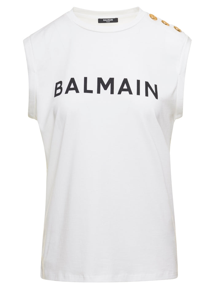 White Tank Top With Contrasting Lettering Print And Jewel Buttons Cotton Donna Balmain Tshirts Polo Shirts