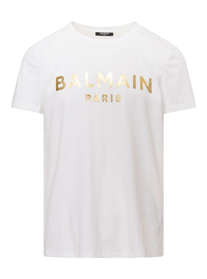 White Crewneck T-Shirt With Metallic Logo Lettering Print Cotton Man Organic Tshirts And Polo Shirts