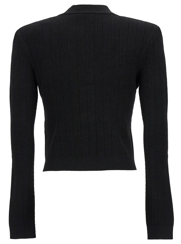 Black Fitted Cardigan With V Neckline And Jewel Buttons Knit Woman Viscose Polyester Jersey