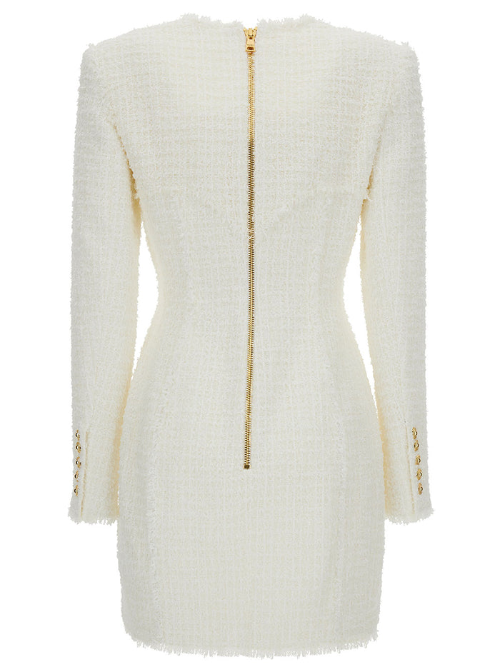 Mini White Dress With V Neckline And Jewel Buttons Tweed Woman Polyamide Virgin Wool Cotton