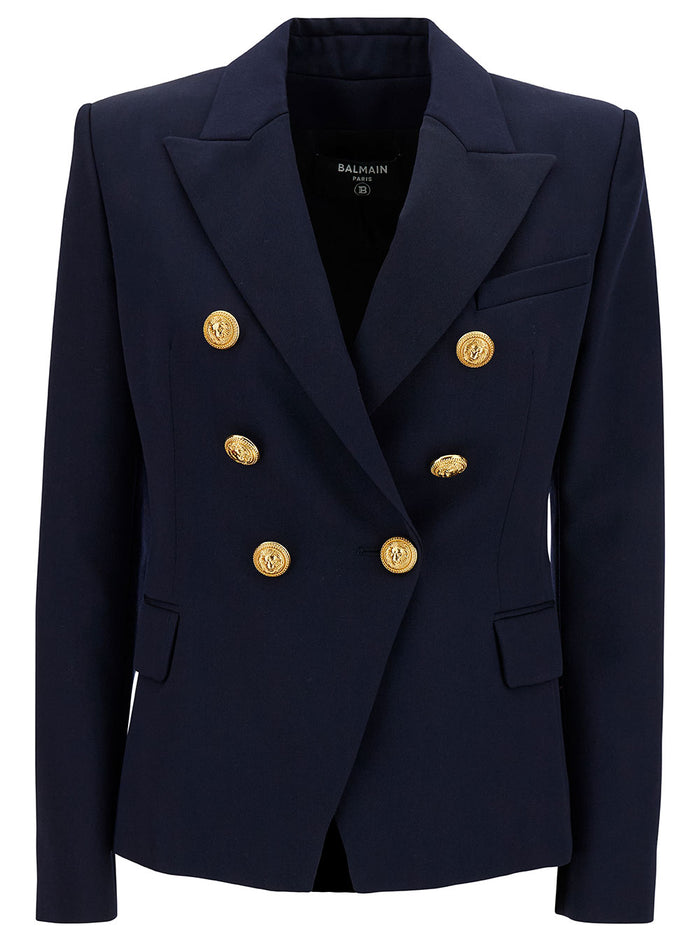 Blue Double-Breasted Jacket With Jewel Buttons Wool Woman Blu Virgin Blazers