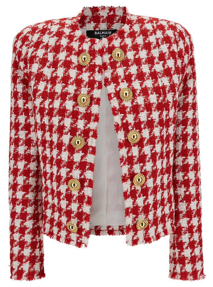 White And Red Jacket With Houndstooth Motif Jewel Buttons Tweed Woman Polyamide Virgin Wool Acrylic Blazers