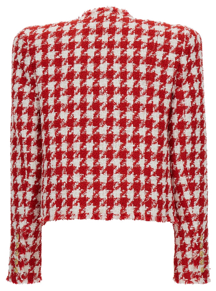 White And Red Jacket With Houndstooth Motif Jewel Buttons Tweed Woman Polyamide Virgin Wool Acrylic Blazers