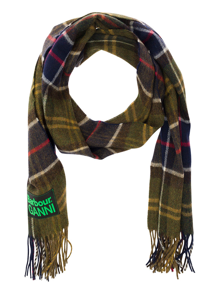 Multicolor Scarf With Check Motif And Double Logo Wool Woman Green Scarfs Foulards