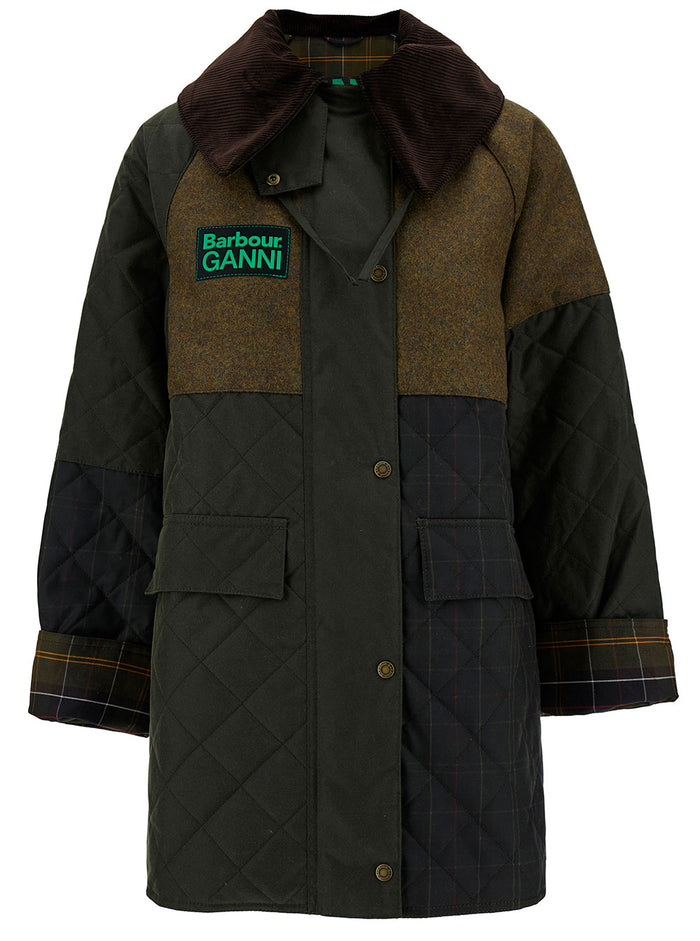 Multicolor Patchwork Jacket With Double Logo Waxed Fabric Woman Green Cotton