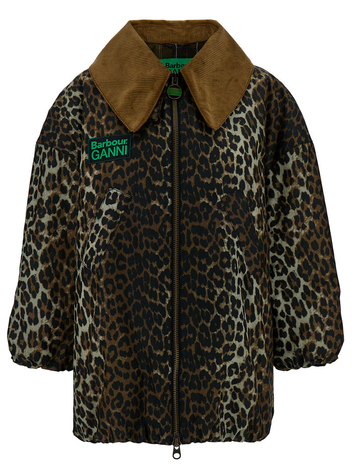 Brown Bomber Jacket With Oversized Collar And Leopard Print Waxed Fabric Woman Cotton