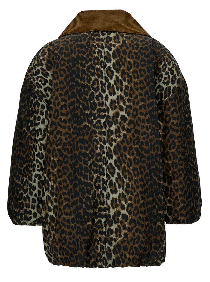Brown Bomber Jacket With Oversized Collar And Leopard Print Waxed Fabric Woman Cotton