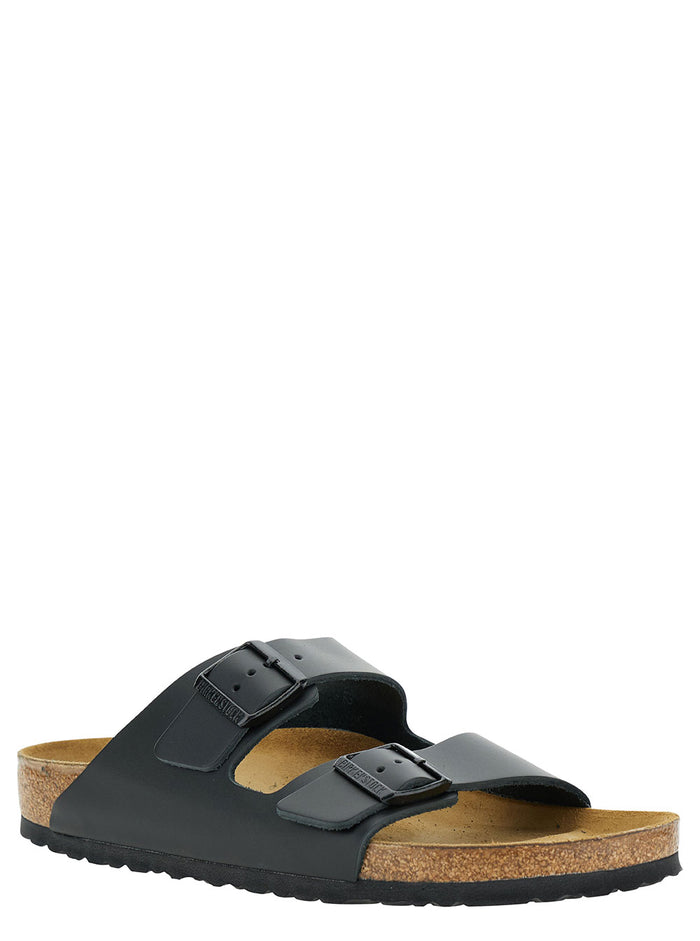 Black Slip-On Sandals With Engraved Logo Leather And Cork Man Flat Shoes