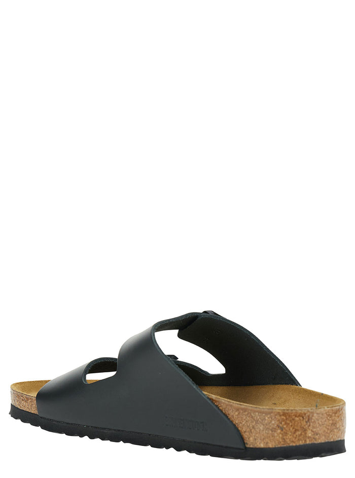 Black Slip-On Sandals With Engraved Logo Leather And Cork Man Flat Shoes