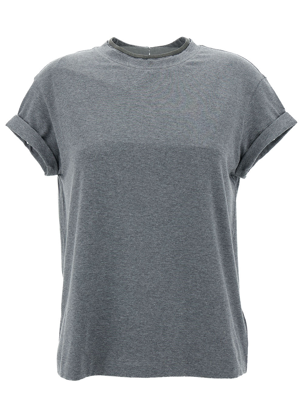 Grey Crewn Neck T-Shirt With Pearls Stretch Cotton Woman Elastane Tshirts And Polo Shirts