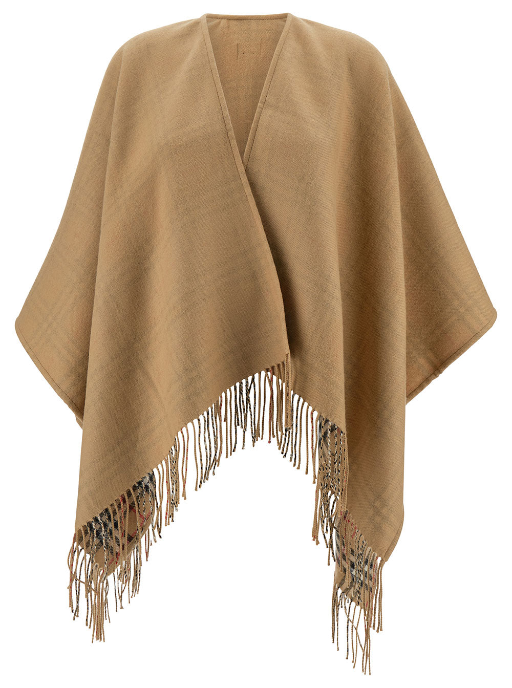 Beige Reversible Cape With Vintage Check Motif Wool Woman