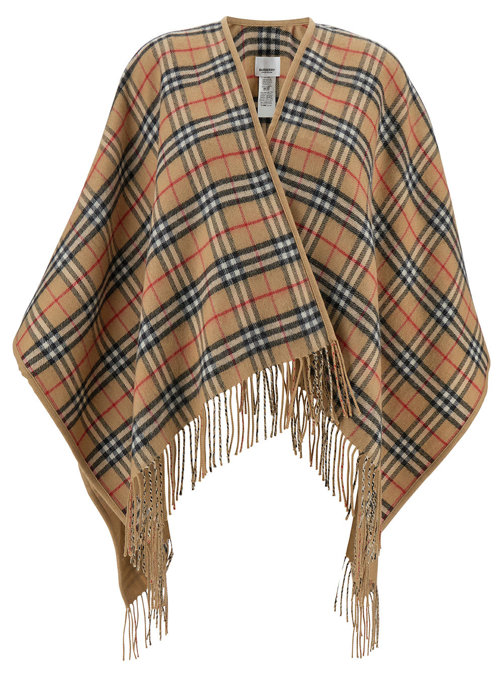 Beige Reversible Cape With Vintage Check Motif Wool Woman