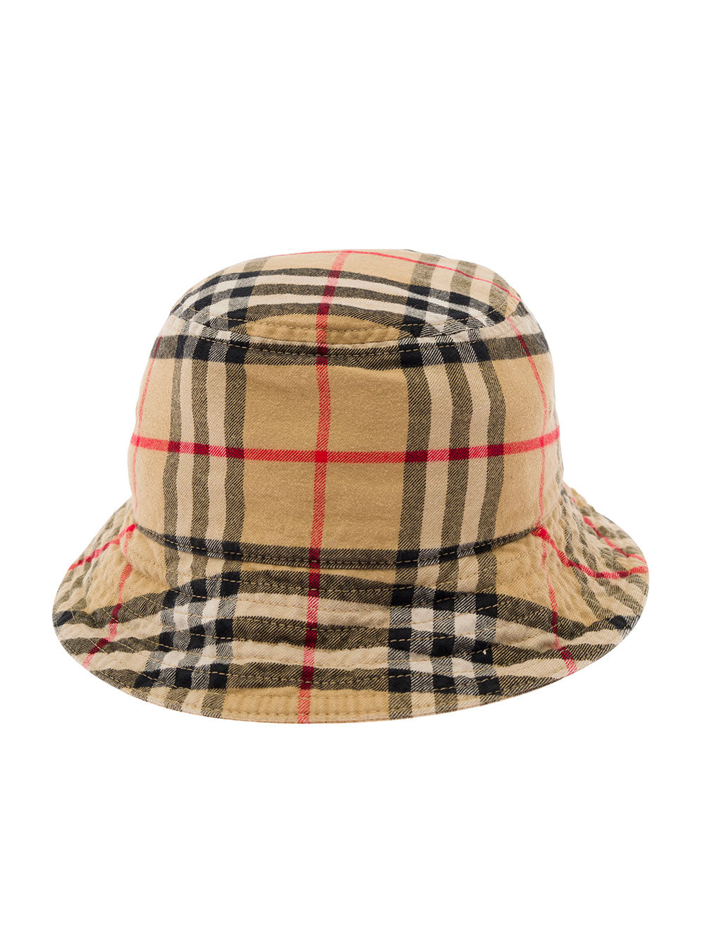 Beige Bucket Hat With Check Motif Cotton Man And Gloves