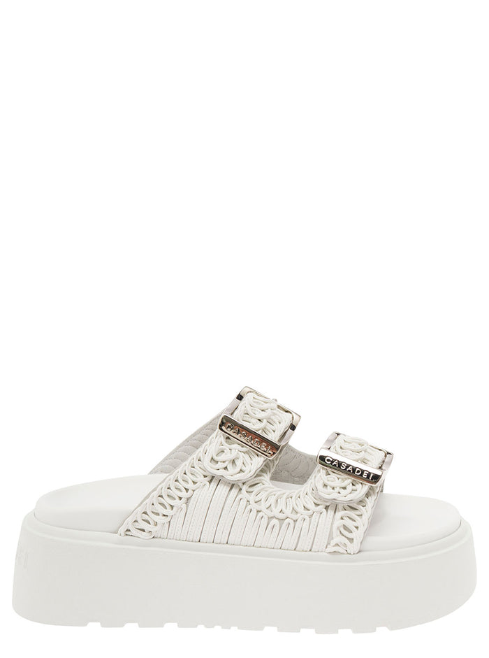 Birky Ale White Slippers With Cornely Embroidery And Xl Buckles Fabric Woman Flat Shoes