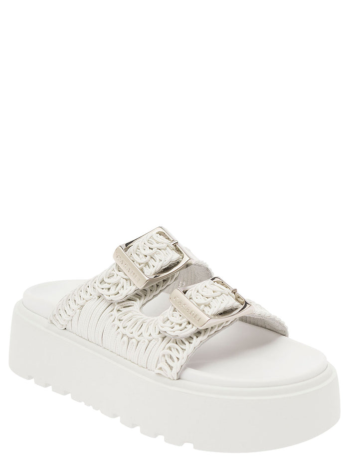 Birky Ale White Slippers With Cornely Embroidery And Xl Buckles Fabric Woman Flat Shoes