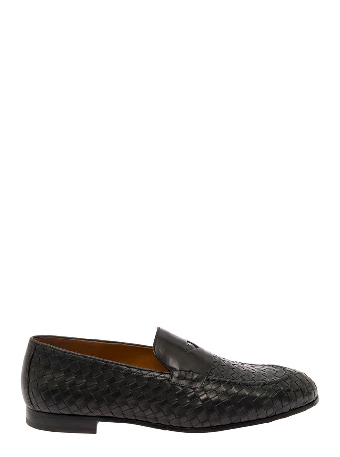 Black Pull On Loafers Woven Leather Man Calf